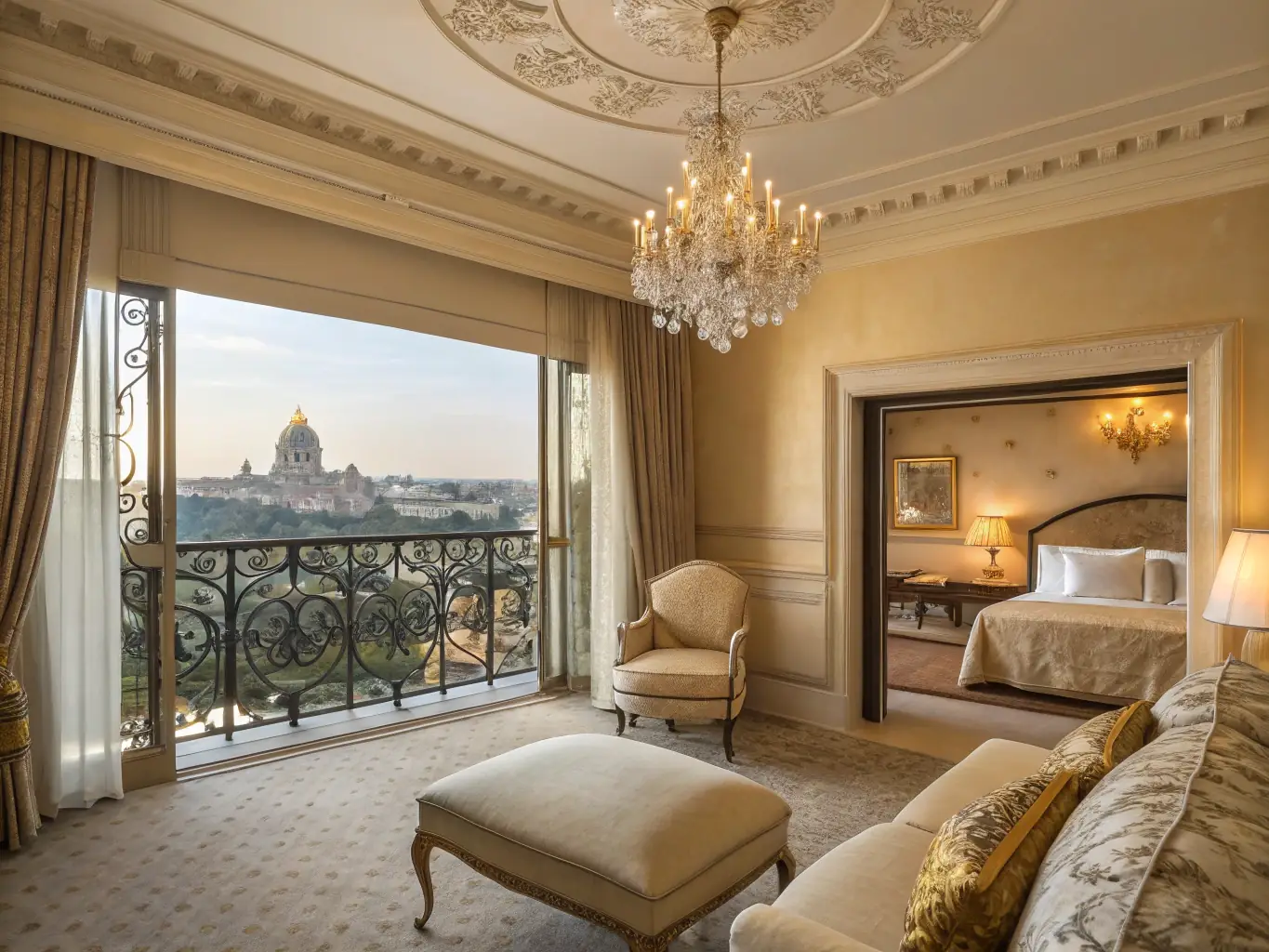 A luxurious suite in a five-star hotel in Rome, featuring elegant décor, a spacious balcony overlooking the city, and impeccable service, representing the height of luxury accommodations.