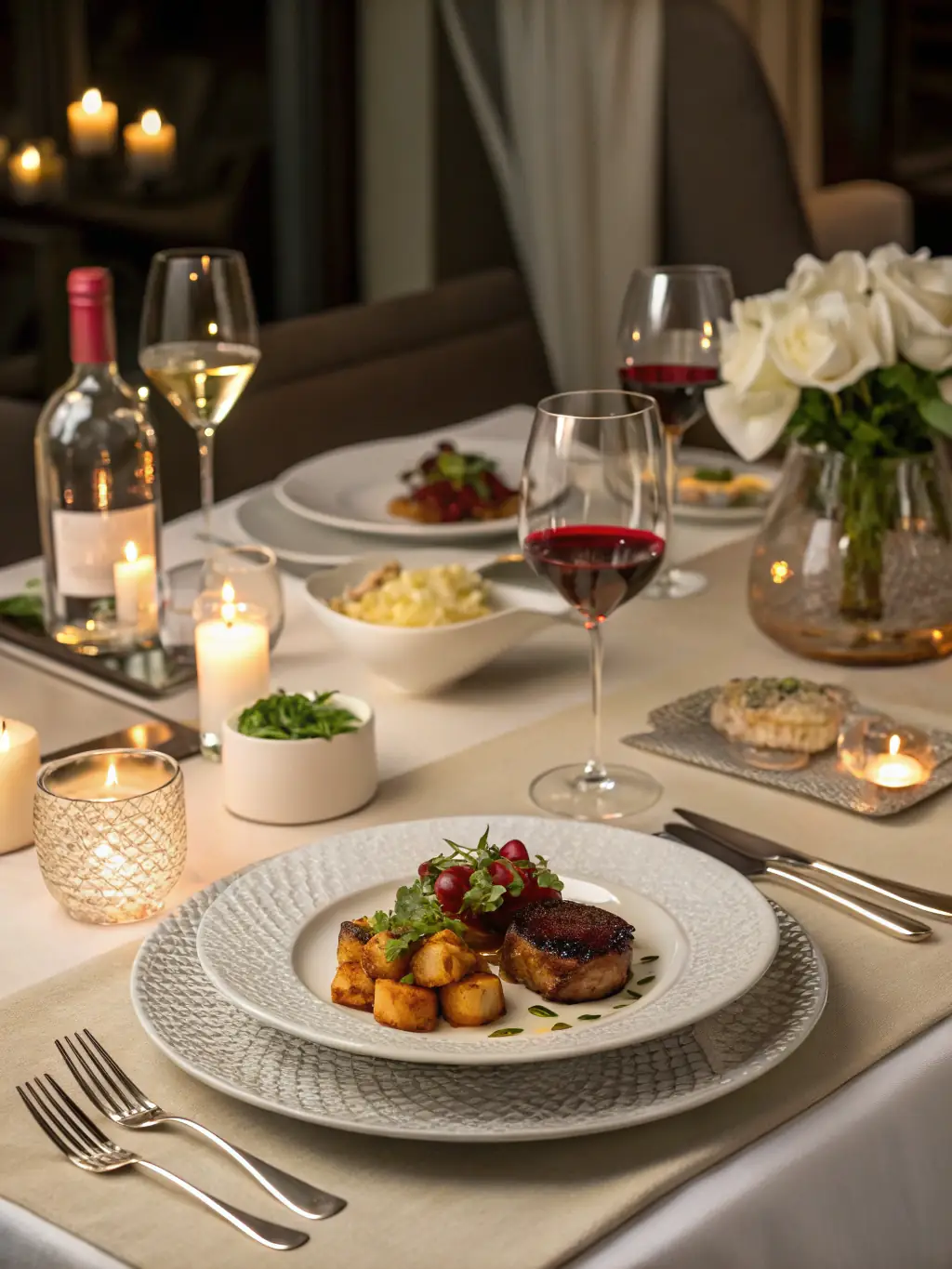 An elegant table setting at a Michelin-starred restaurant in Rome, with a view of the city skyline, representing the pinnacle of fine dining.