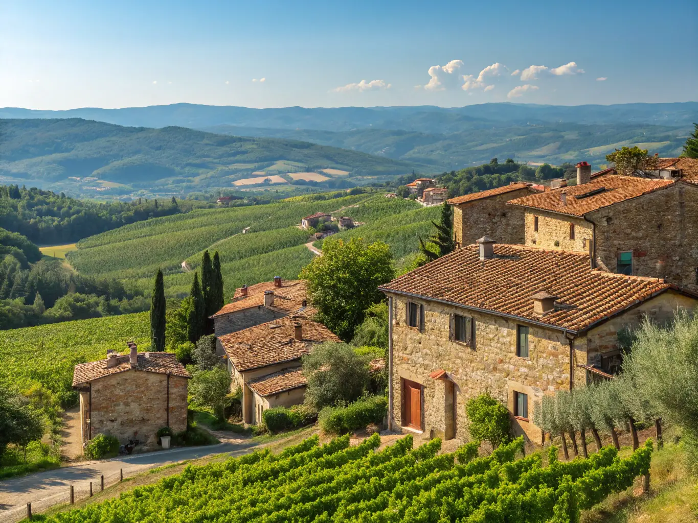 A stunning villa in Tuscany with a private pool, surrounded by rolling hills and vineyards, showcasing the beauty and tranquility of the Italian countryside.
