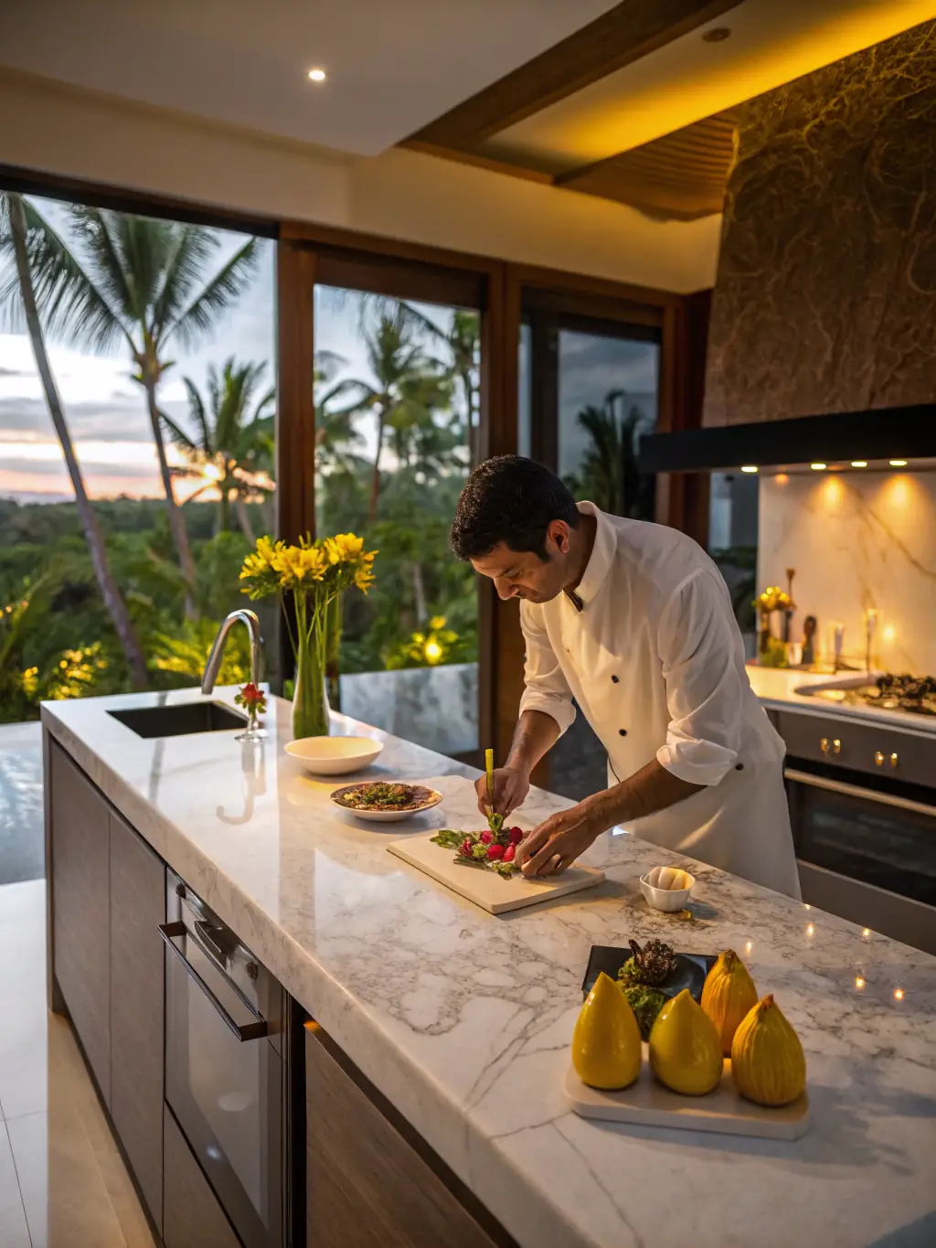 A private chef preparing a multi-course meal in the kitchen of a luxury villa in Tuscany, emphasizing personalized dining experiences.