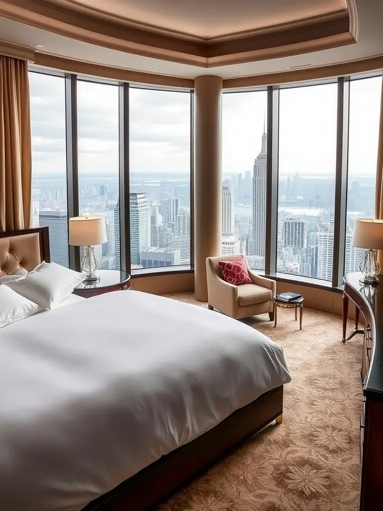 A photograph of the interior of a luxurious suite in a five-star hotel in Florence, Italy, showcasing elegant furnishings, a spacious layout, and panoramic city views.