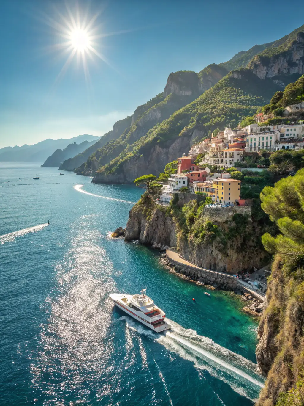 A photograph of a private yacht sailing along the Amalfi Coast, Italy, with stunning coastal scenery and crystal-clear waters.
